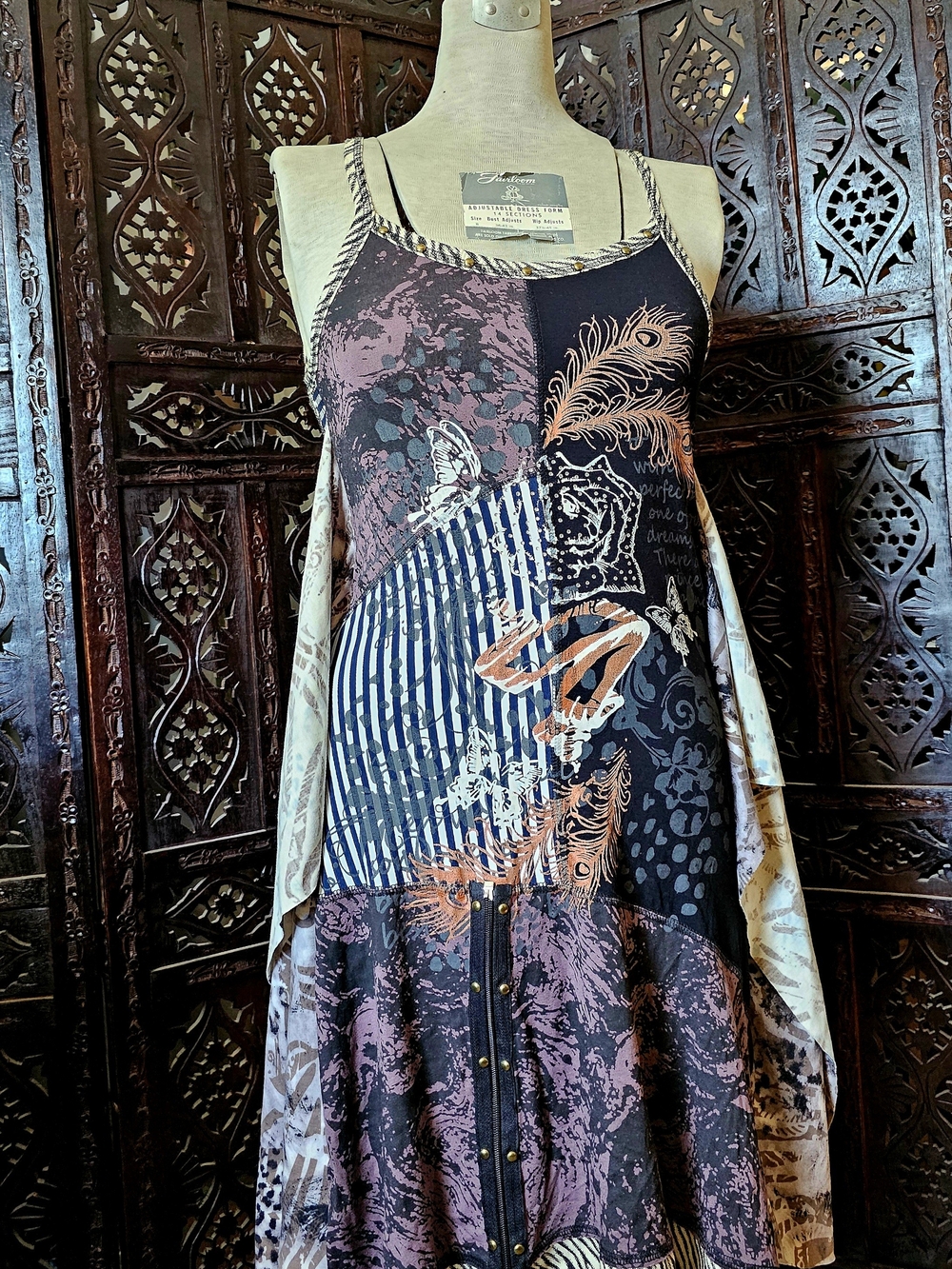 Mixed-Print Strappy Midi Dress in Black & Mauve